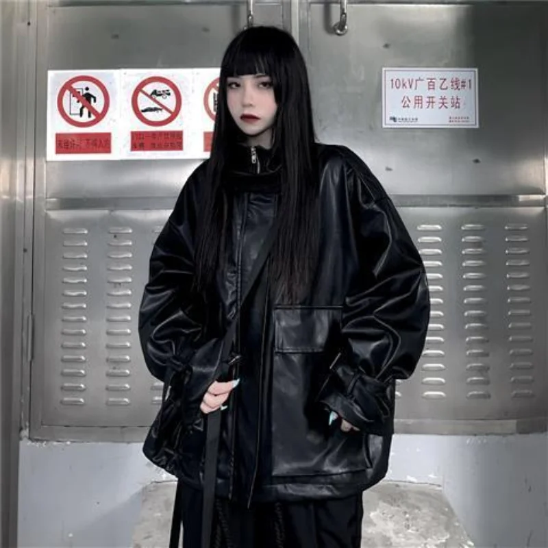 Deeptown Goth Leather Jacket Women Gothic Oversized Zipper Harajuku Fashion Streetwear Jacket Female Dark Academia Loose Black