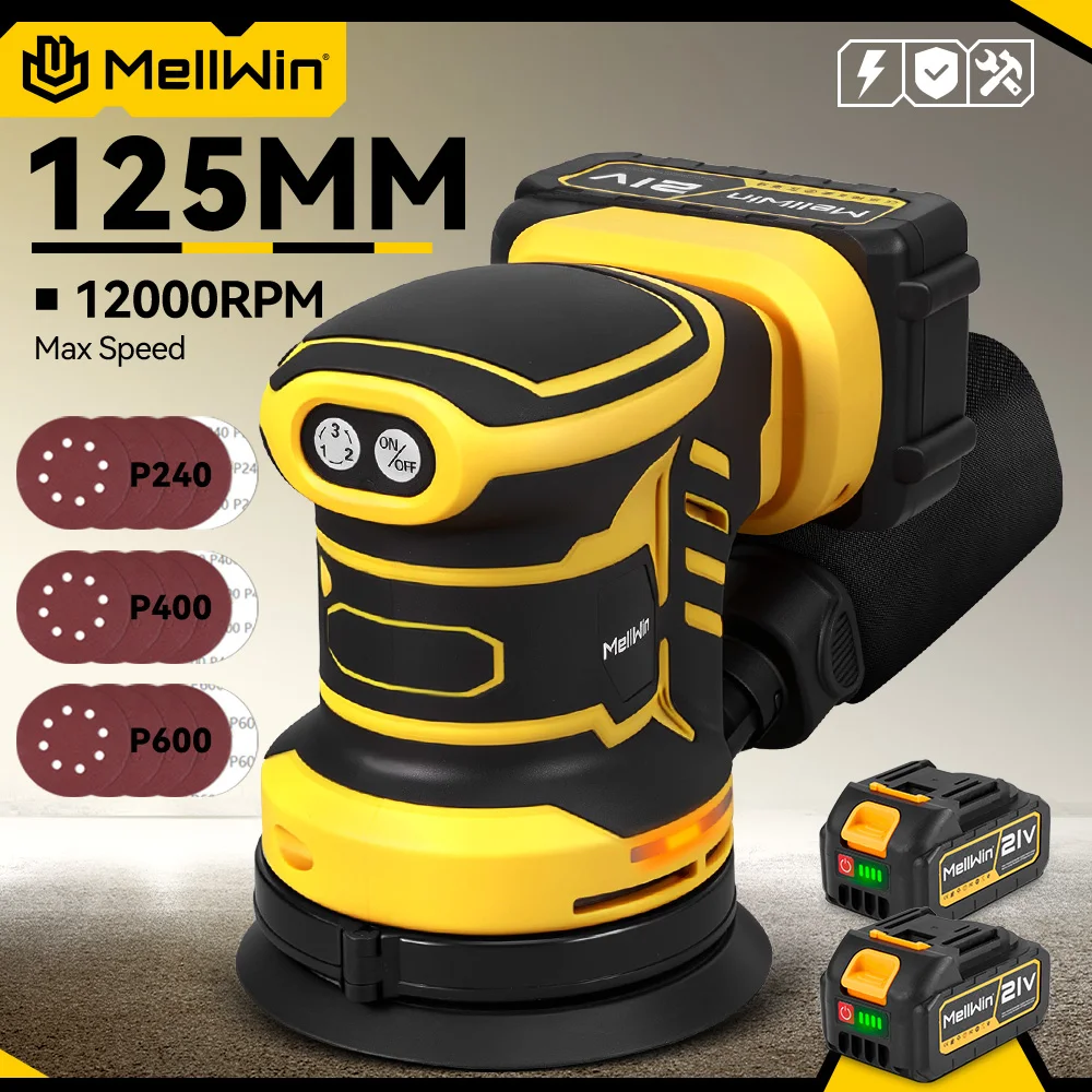 Ponceuse orbitale électrique sans fil MELLWIN 125 mm, polisseuse 3 vitesses, outil de ponçage et de polissage du bois et du métal, compatible avec la batterie Makita 18 V.