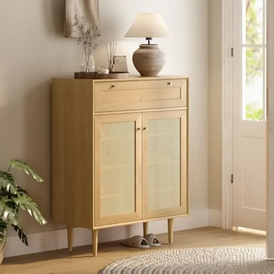 Farmhouse entryway shoe cabinet: natural oak rattan storage with 2 doors, adjustable shelves, tall organizer fitting 13 shoes