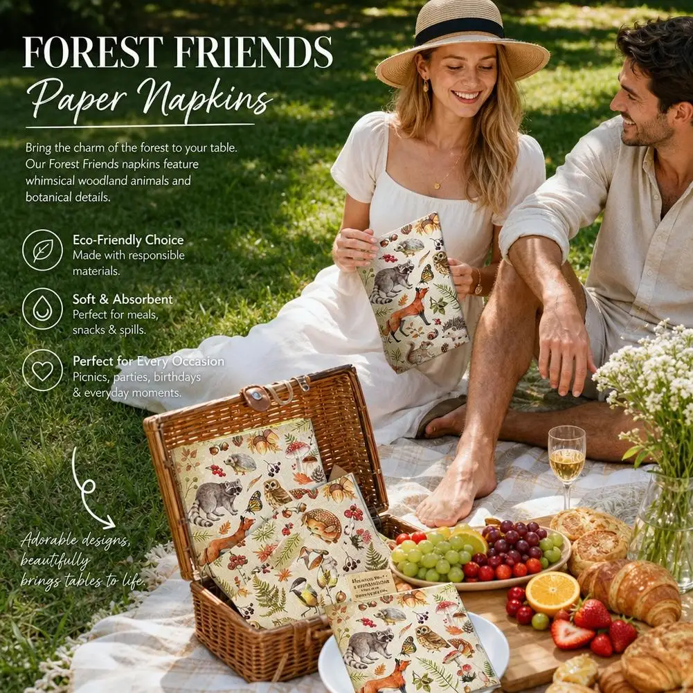 20Pcs Woodland Forest Animal Paper Napkins Disposable Serviettes Neutral Baby Shower Cottagecore DIY Decoupage Table Tissue