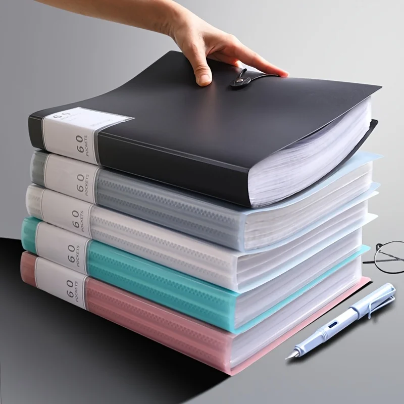 Carpeta de archivos A4 de 60 bolsillos, adecuada para documentos y papeles tamaño A4, material PP, alta transparencia e impermeable