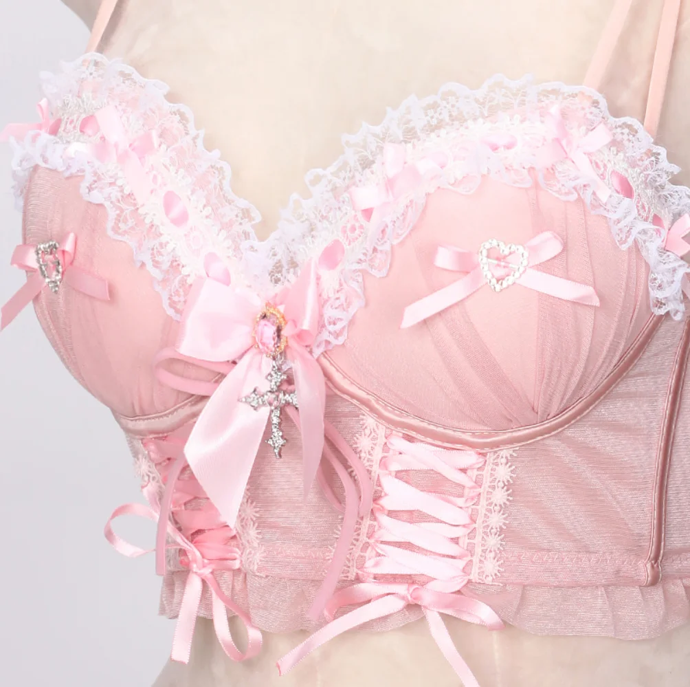 Women's Y2K Emo Goth Lolita Grunge Tank Top Kawaii Pastel Gothic Altgoth Pink Rock Cute Bow Rave Festival Corset Bra Clothing