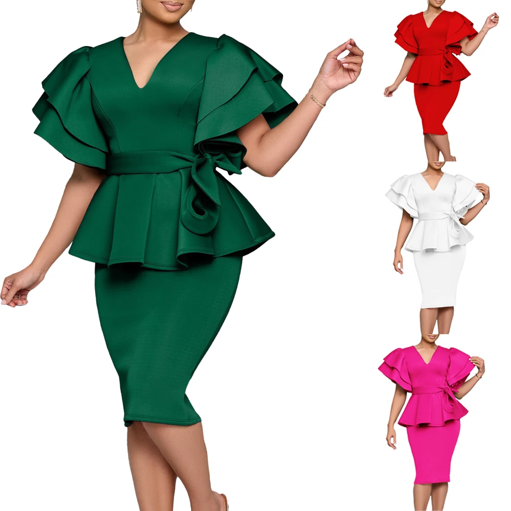 Feminino manga curta com decote em v plissado manga peplum bodycon midi vestido 2025 mais recente moda verão africano ol trabalho vestido de festa à noite