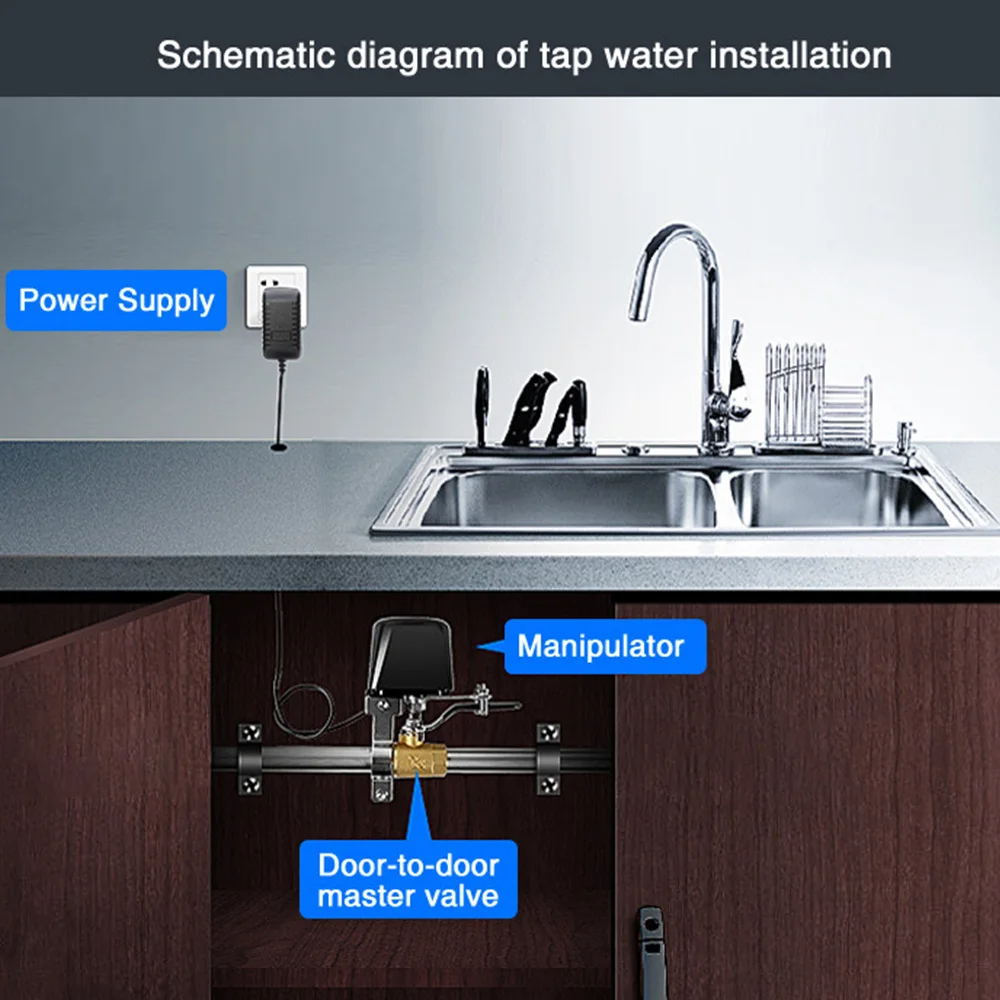 Wi-Fi Gás Water Valve Shutoff, temporizador Sprinkler Controller, App Controle Remoto, Dispositivo De Segurança Pipeline para Cozinha, Nota Bracket