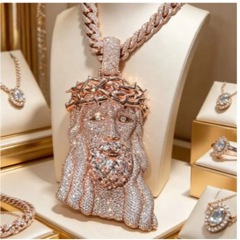 

Men's Iced Out Jesus Necklace | Detailed Christ Face Pendant in Zircon, Crown of Thorns, Bling Cross Chain locket