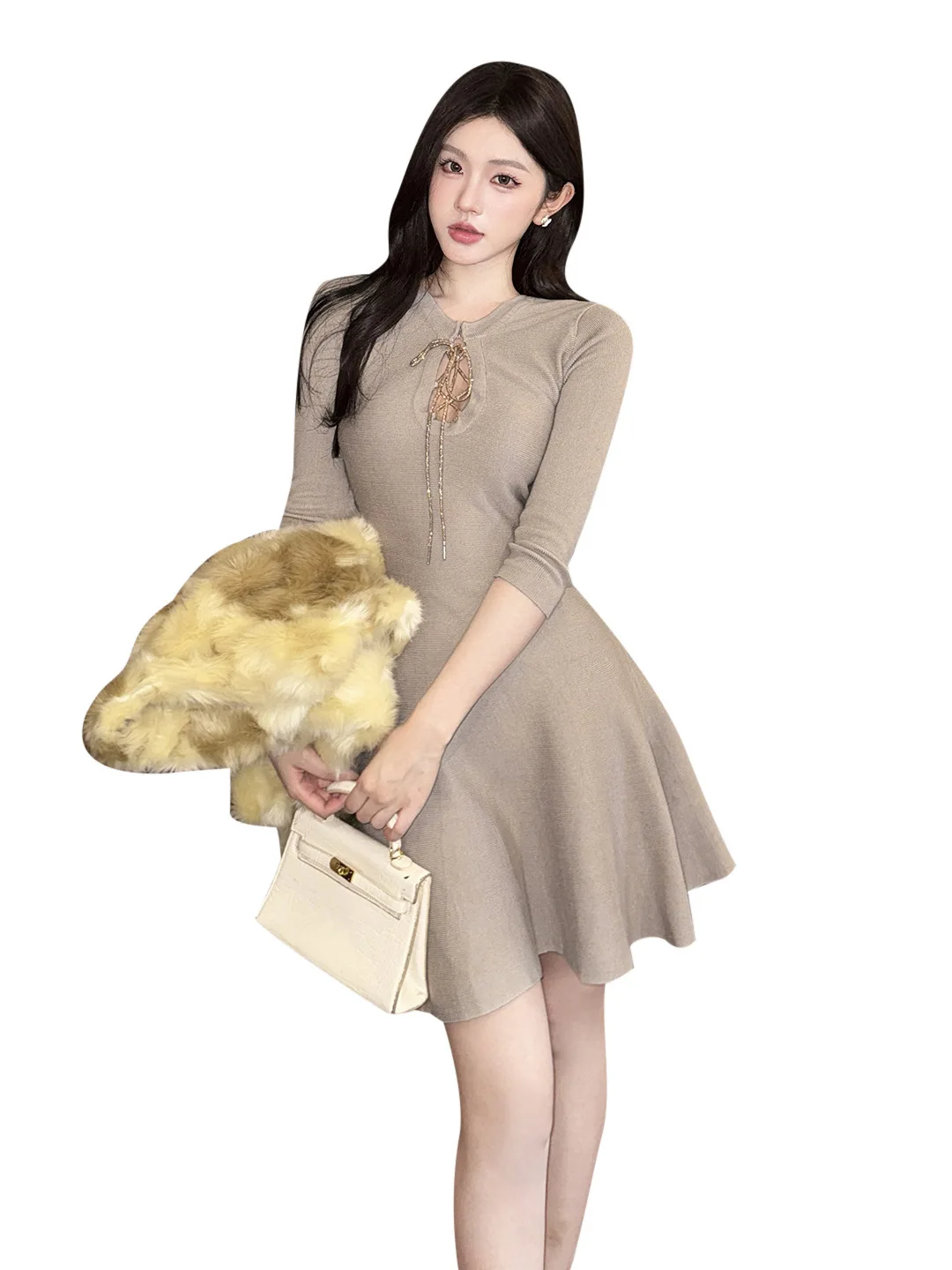 Nueva primavera otoño Sexy Y2K caqui de manga larga ceñido al cuerpo Mini vestido de mujer recortado vendaje arco apretado Club fiesta graduación vestidos de fondo