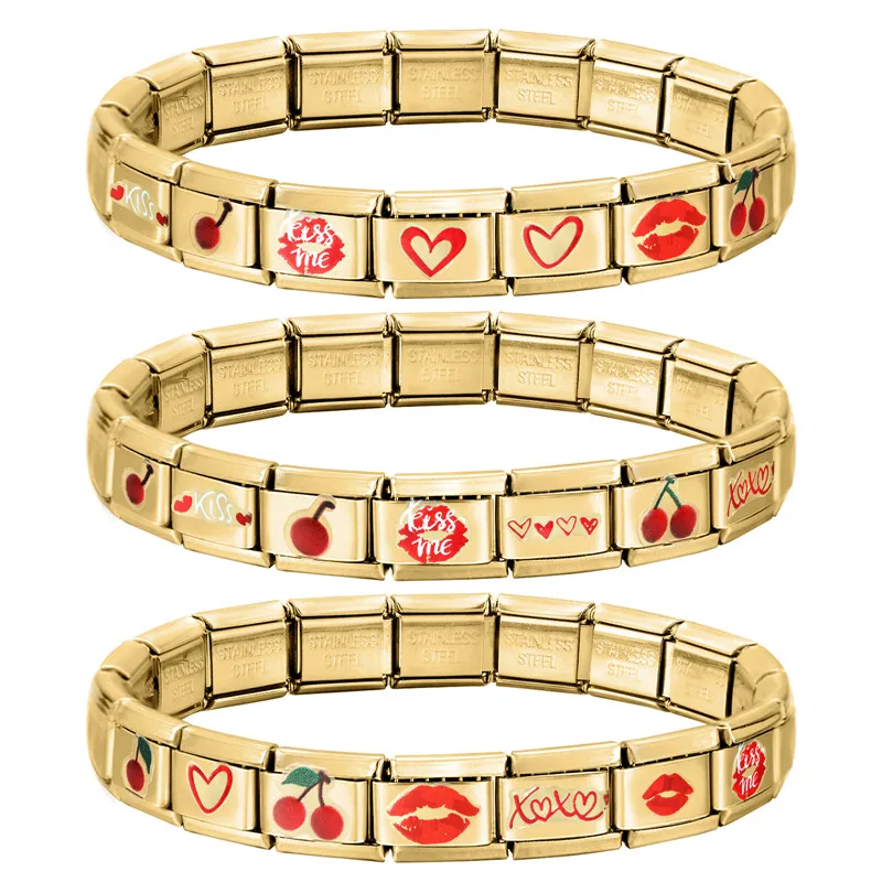 Wholesale Sticker Module Heart Cherry Lips Gold Color Italian Charm Links Fit 9MM Bracelet Stainless Steel Women Men DIY Making