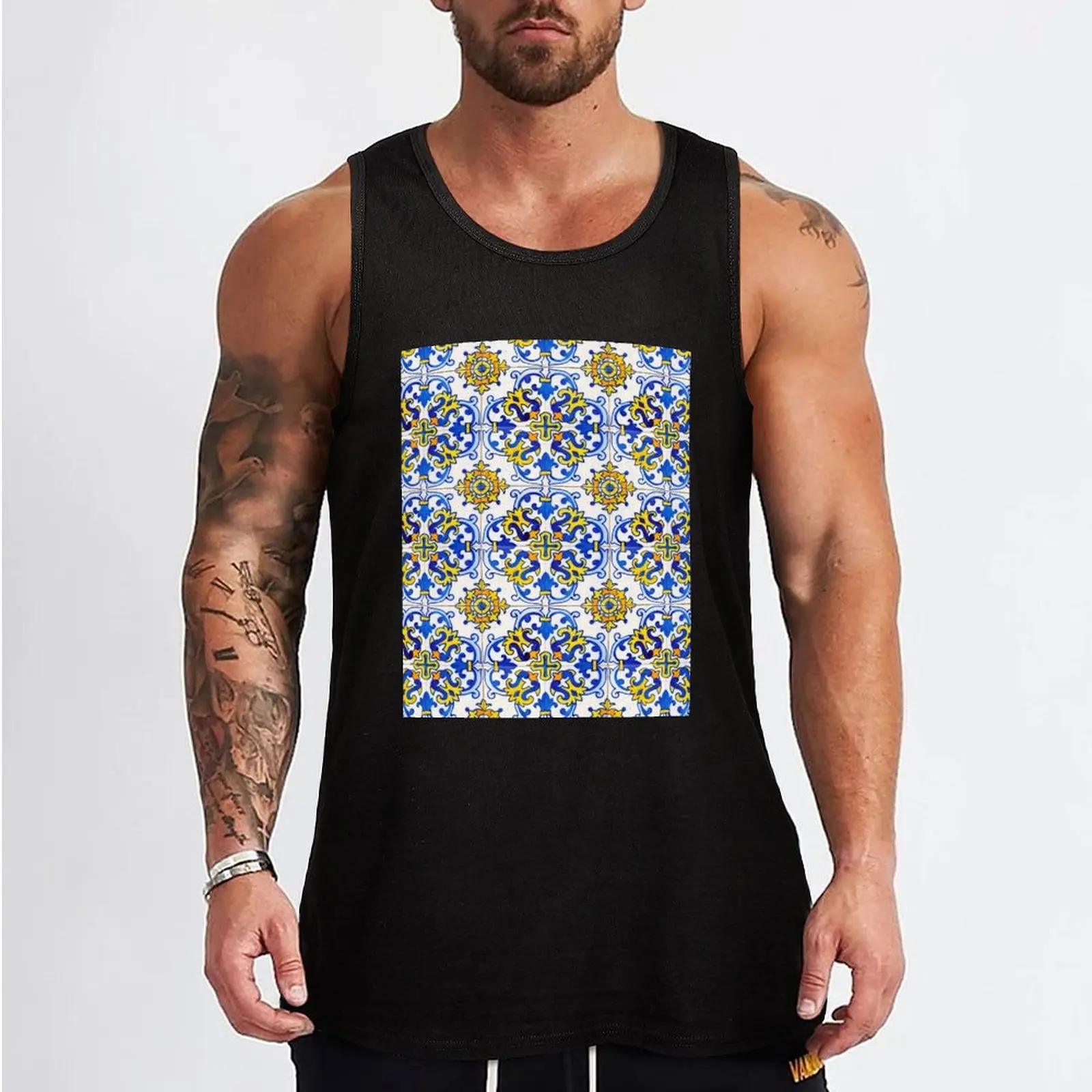 Vintage Azulejos Tile Tank Top T-shirt men Men's clothes luxury style gym t shirt men