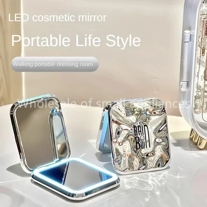 

LED cosmetic mirror student dormitory with lamp folding mirror desktop hand-held mirror female portable travel carry.