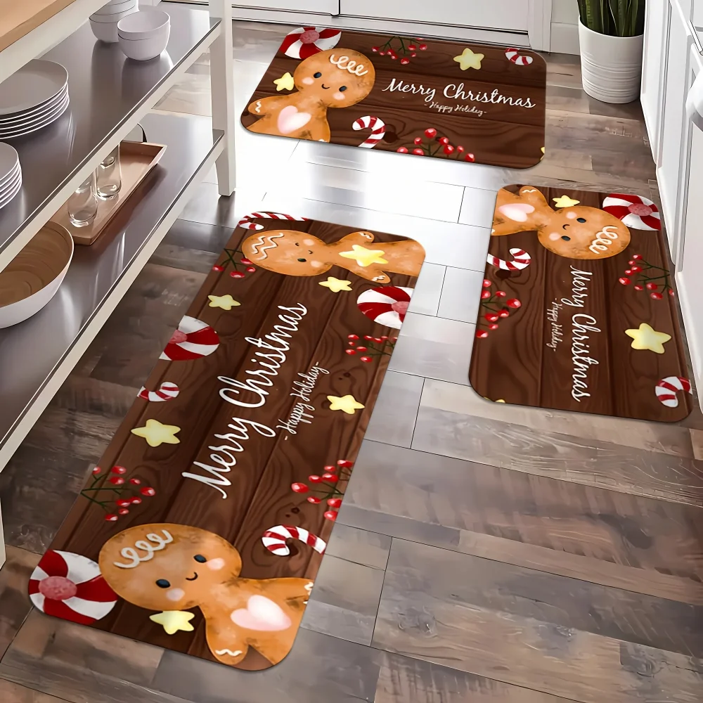 VIKAMA 1/2PCS Christmas Kitchen Floor Mats Gingerbread Man Festive Cozy Comfort Washable Non Slip Decor Rugs for Home Decor