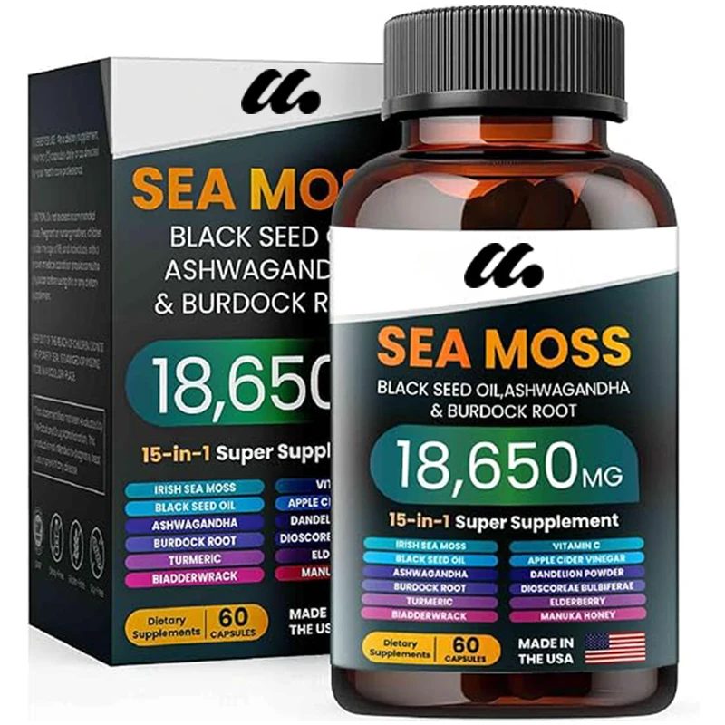 Sea moss supplement, 15 in 1 mixed with various minerals Sea moss black seed oil South African drunken eggplant ginger