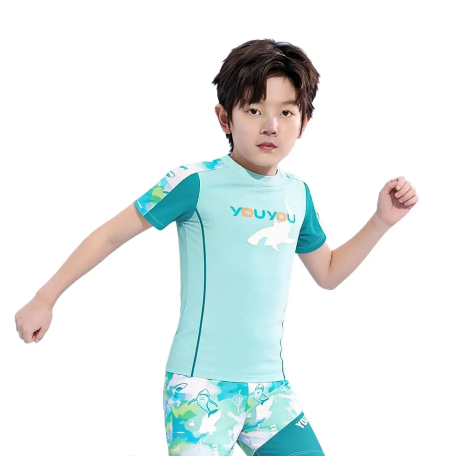Kids Boys Two-piece Quick-drying Swimsuit Printed Color Block Swimming Training Outfit Short Sleeve T-shirt with Shorts Swimwear view 2