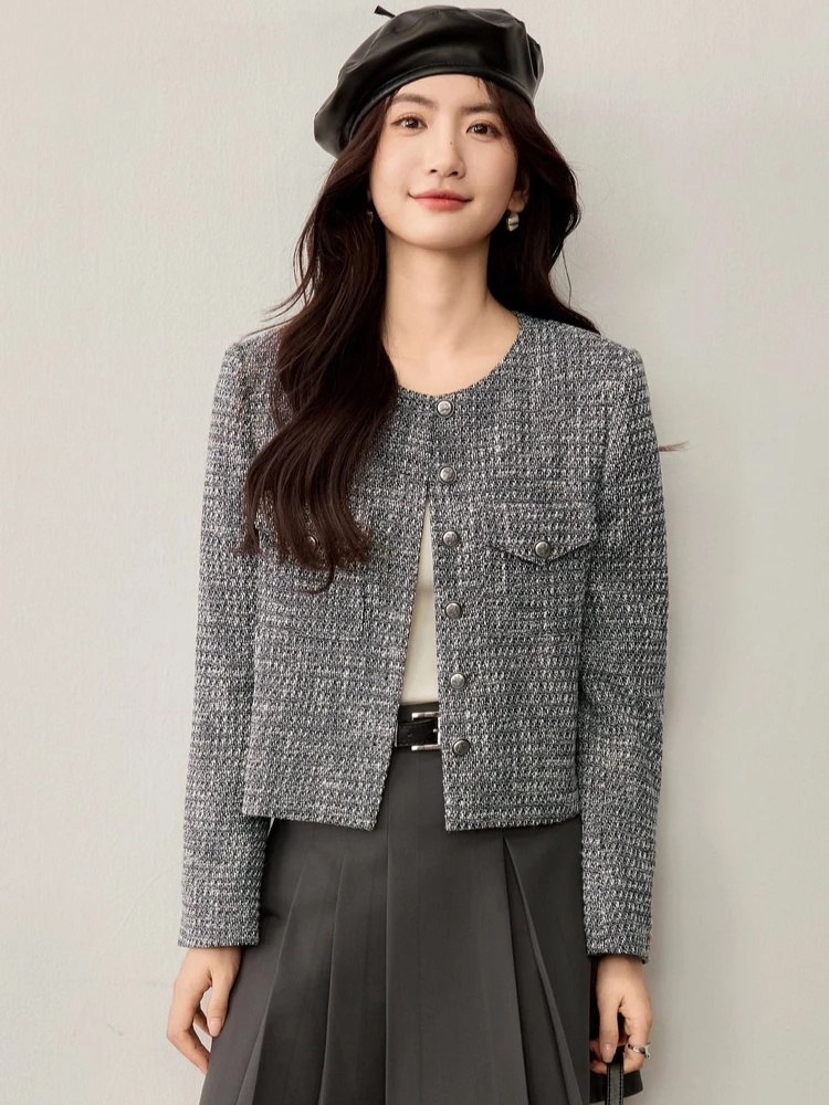 

SENTUBILA Woven Tweed Jacket Coats Women Autumn 2025 Small Fragrance Full Sleeve Ladies Coats Patchwork Lady Outerwear 153WA2658