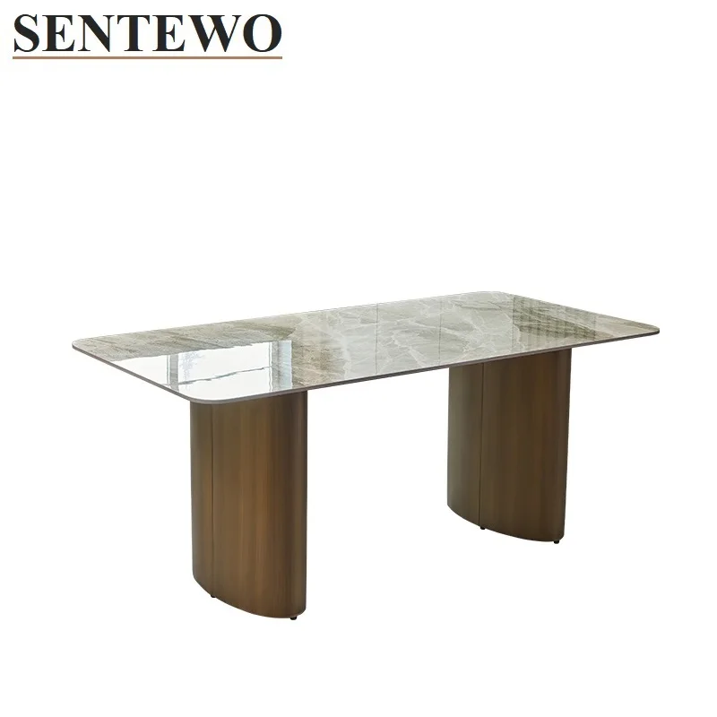 SENTEWO Luxury Rock Slab Kitchen Dining Table Chairs Set Stainless Steel Bronze Base Faux Marble Table Furniture Mesa Mobilador