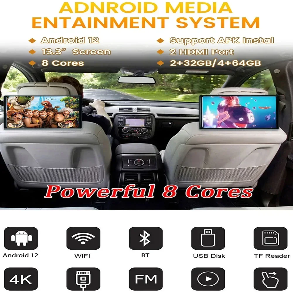 14Inch Headrest TV 4K Car Monitor Android 12.0 Multifunction Tablet Touch Screen WiFi/Bluetooth/USB/SD/HDMI in out FM