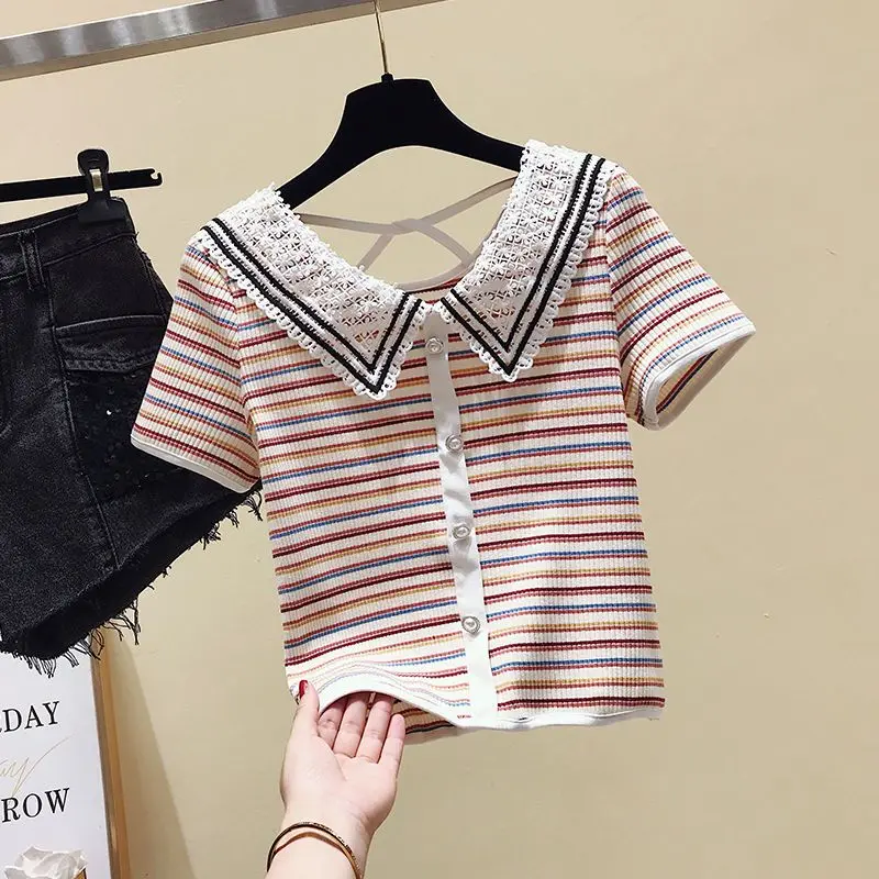 Summer New Western Style Age Reducing Lace Doll Neck Striped Short sleeved T-shirt