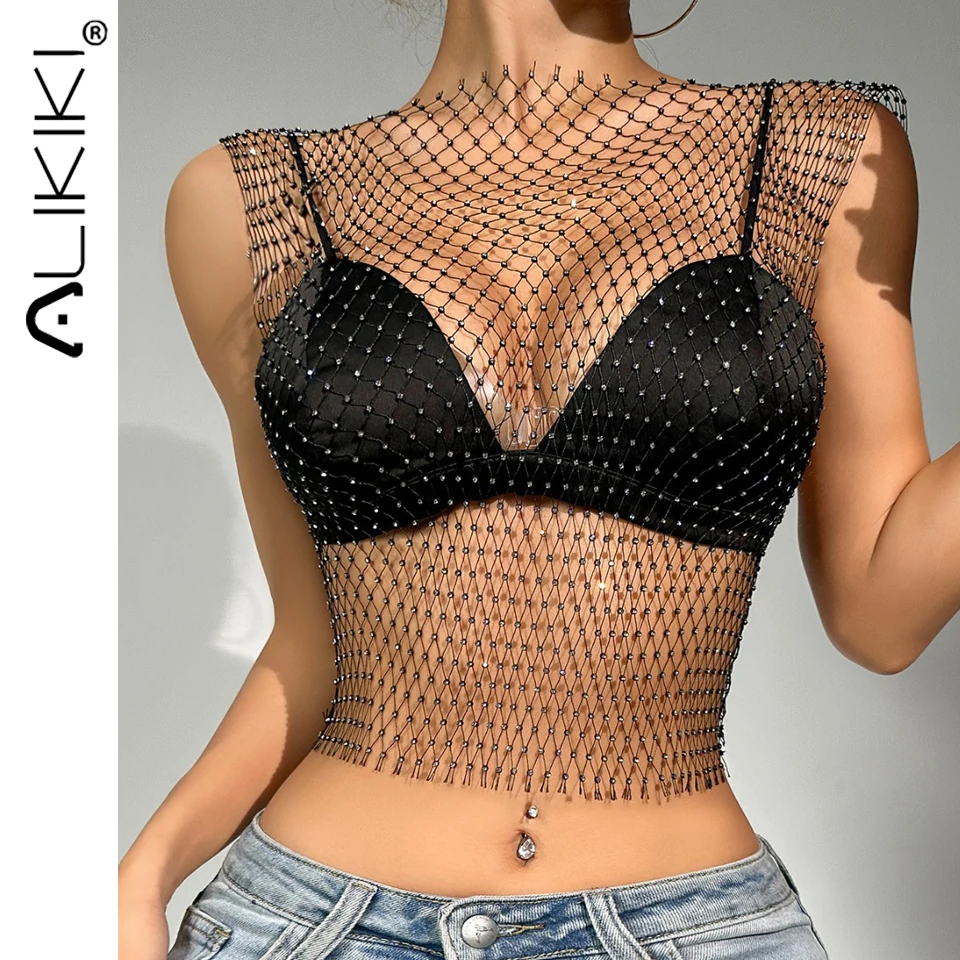 Sexy Shiny Rhinestone Fishnet Women Tank Tops See Through Crop Top Summer Beach Cover Up Top Party Nightclub Sleeveless Coverups