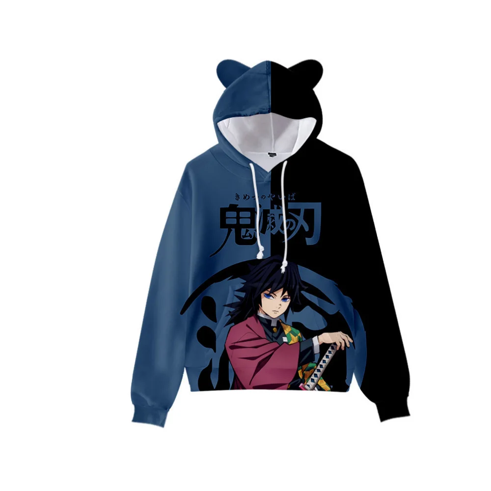 Sudadera con estampado de Demon Slayer para hombre, suéter de Anime japonés con orejas de gato, Sudadera con capucha de dibujos animados, disfraz de