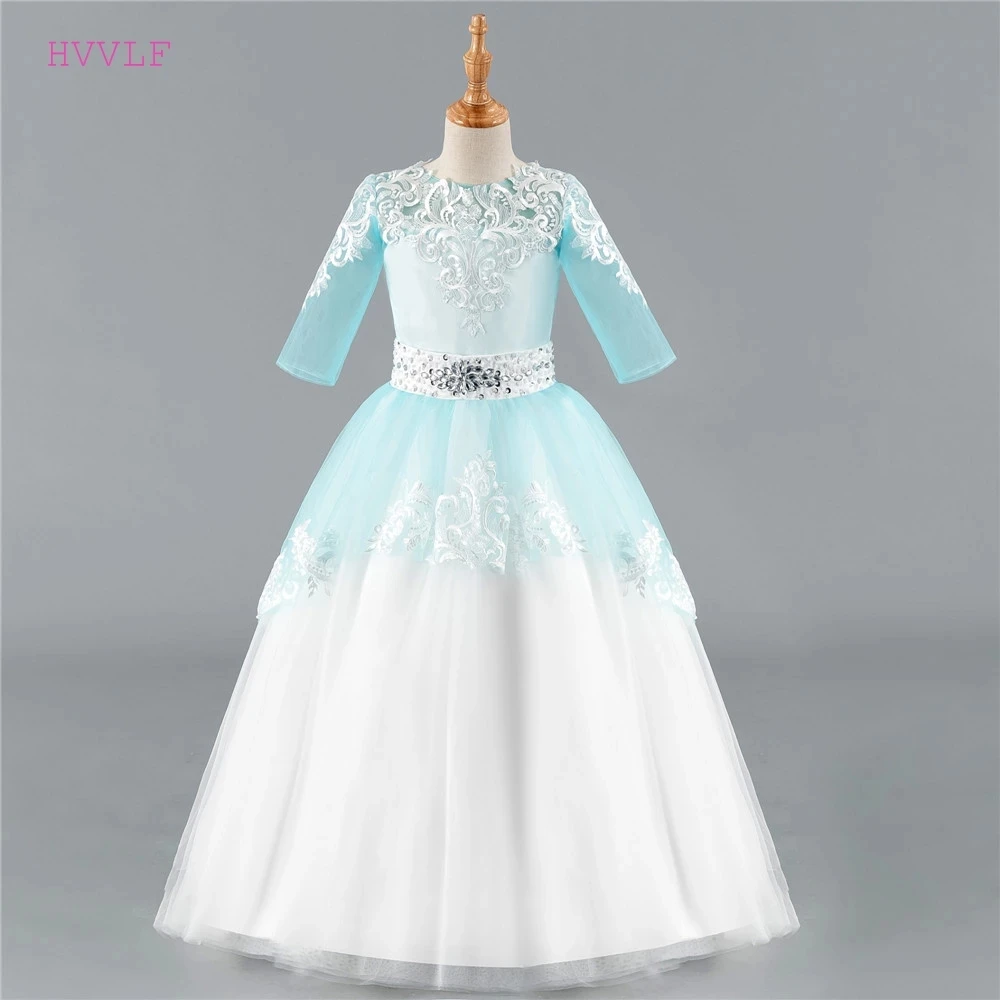 

Real Photo Flower Girl Dresses For Weddings Ball Gown Half Sleeves Tulle Crystals Lace Long First Communion Dresses Little Girl