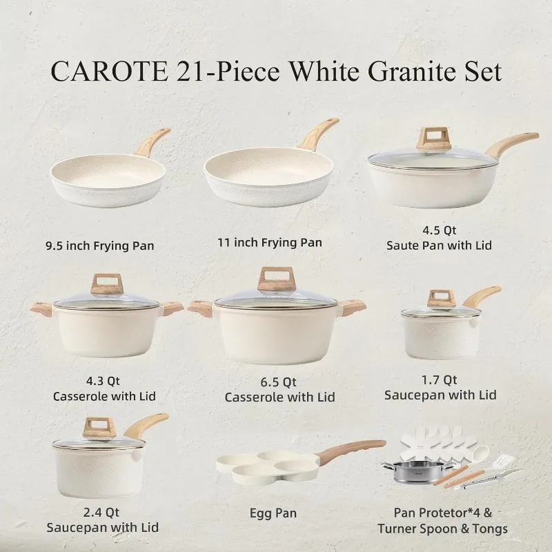 CAROTE 21Pcs Pots and Pans Set, Nonstick Cookware Sets, White Granite Induction Cookware Non Stick Cooking Set w/Frying Pans