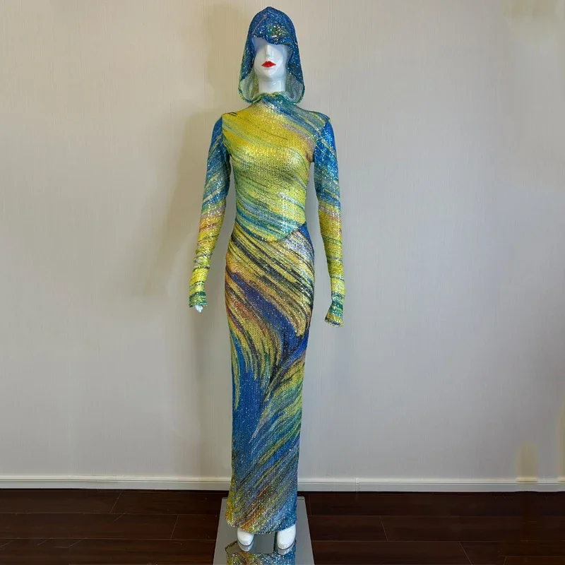 Nowa wysoka elastyczność z kapturem cekiny kamienie sukienki imprezowe kobiety piosenkarka suknia wieczorowa wybieg sceniczny kostium Gogo stroje festiwalowe ﻿