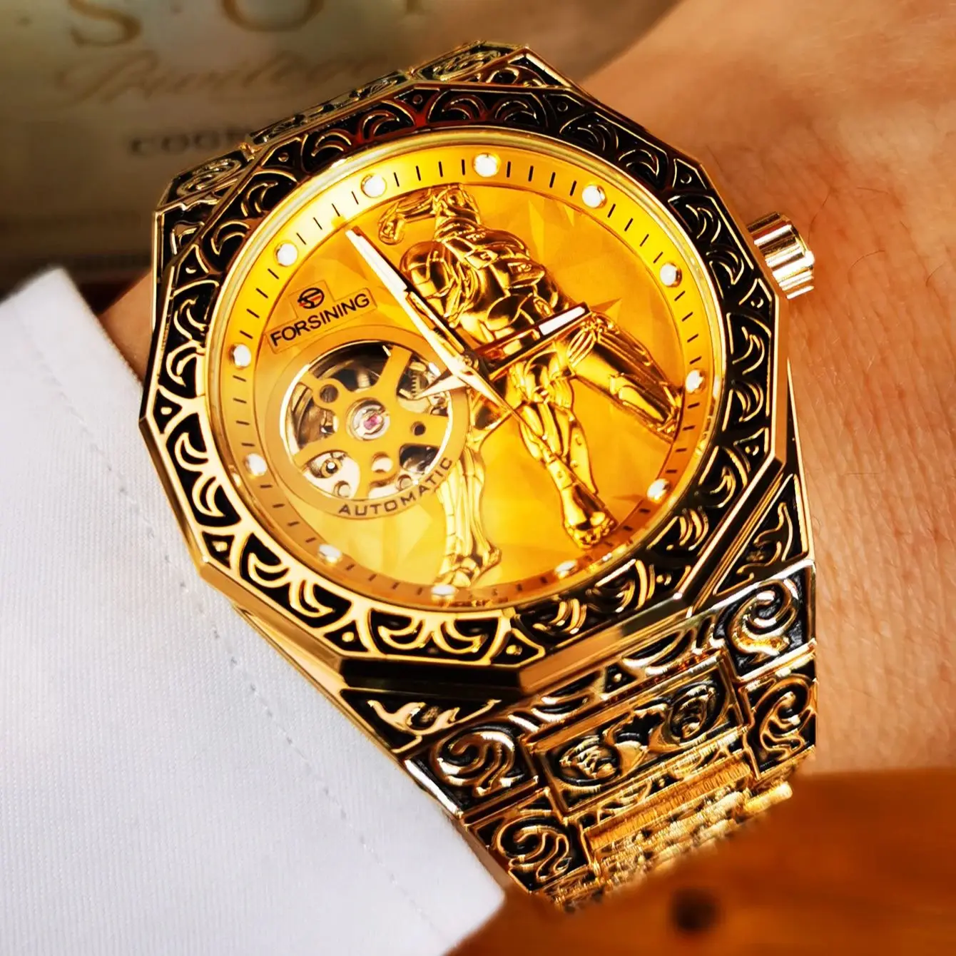 Forsining Luxury Vintage Mechanical Watch for Men Exquisite Engraved Skeleton Automatic Mens Watches Top Brand Luxury Steel Band