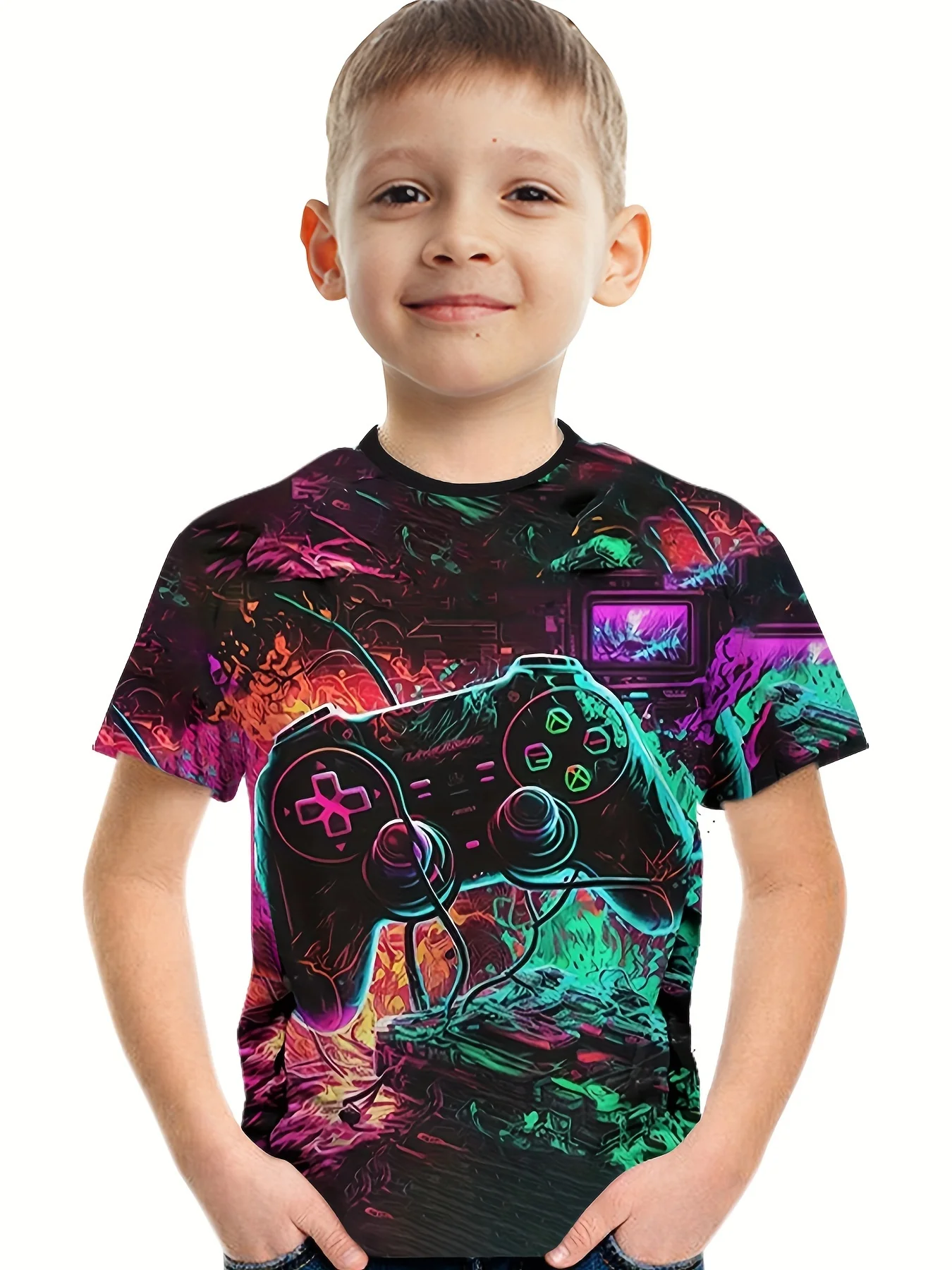 Kinder Gamepad Gekritzel 3D-Druck Jungen T-Shirt lässig atmungsaktiv Kurzarm Sommer T-Shirt Junge Mädchen Tops T-Shirts Kinder T-Shirt