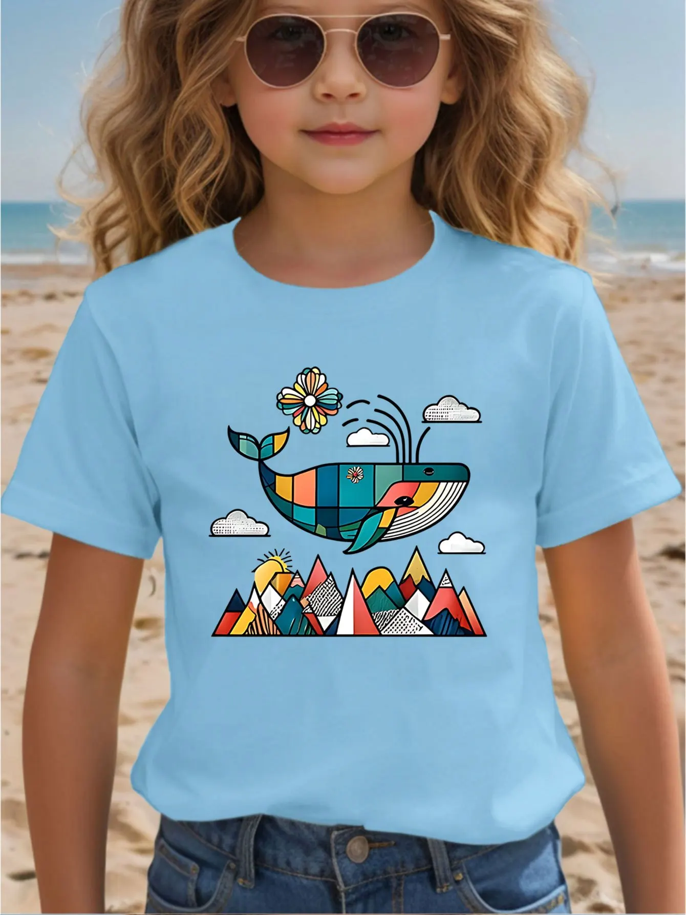 Geometric Whale Mountain Print Kids T Shirt Boys Girls Parent Child Matching Short Sleeve Casual Breathable Family Fashion Tees
