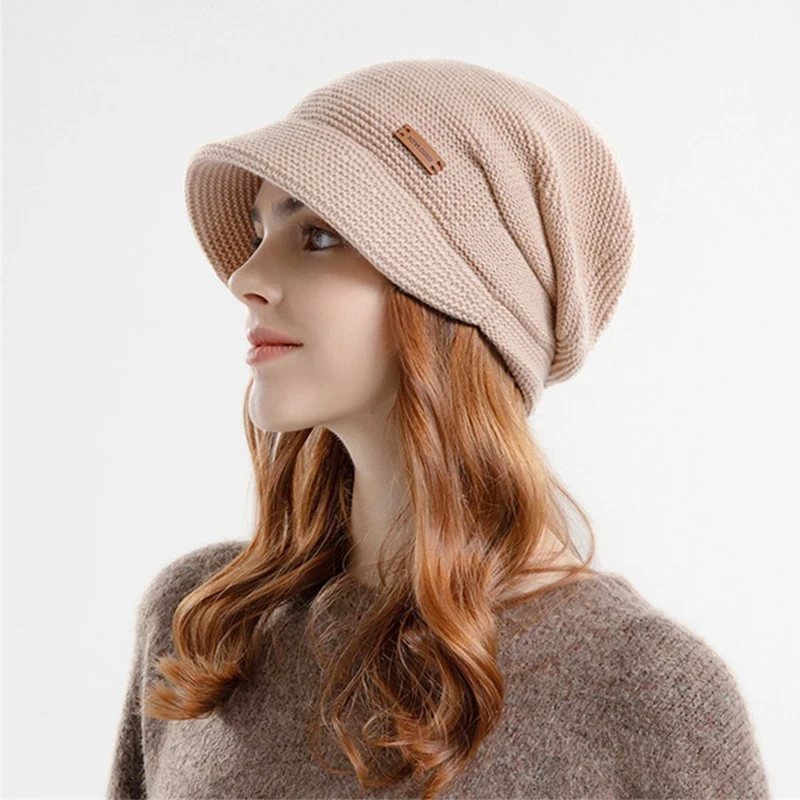 Autumn Winter Soft Plush Knitted Hat For Ski Cycling Women Warm Thickened Lined Beanies Short Brim Outdoor Windproof Bonnet