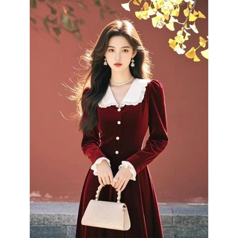 2025 lente herfst dames ruches patchwork wijnrood fluwelen lange jurk, dameskleding elegante vintage Franse veloursjurken
