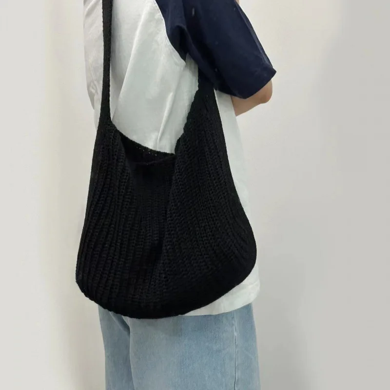 Women Knitting Shoulder Bag Korean Versatile Commuter Shopping Bag Solid Color Large Capacity Crossbody Casual Tote Bag