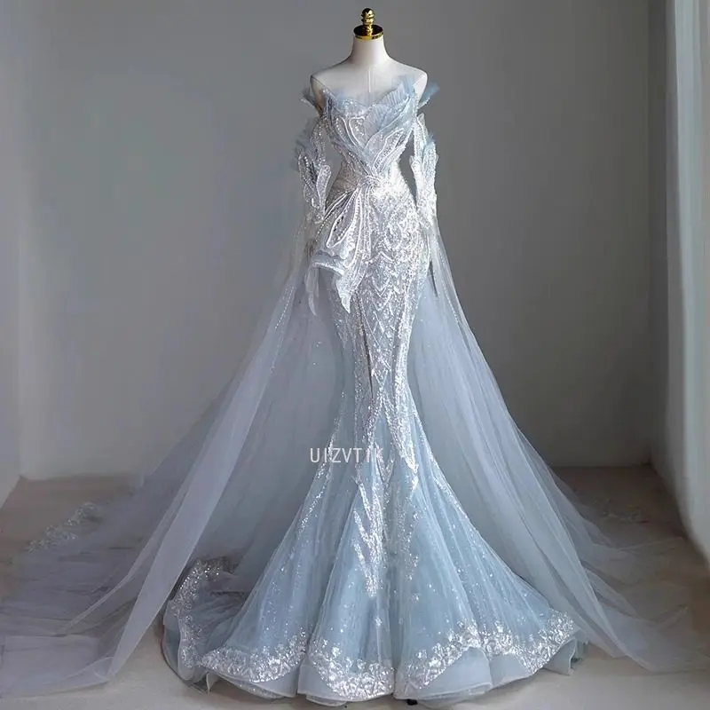 

Elegant Appliques Wedding Dress Strapless Bridal Gowns Detachable Train Pearl Bride Dresses Princess Customized Vestido de novia