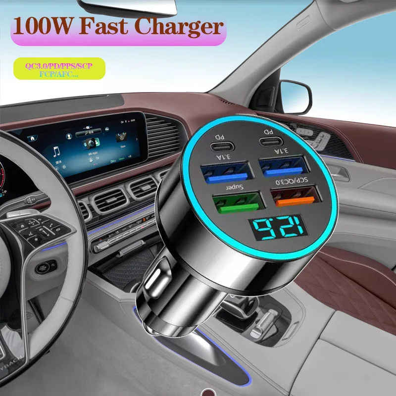 100W 6Port USB Digital Real-time Voltage car charger QC30/PD car charger for Phones fast charging cigarette lighter adapter