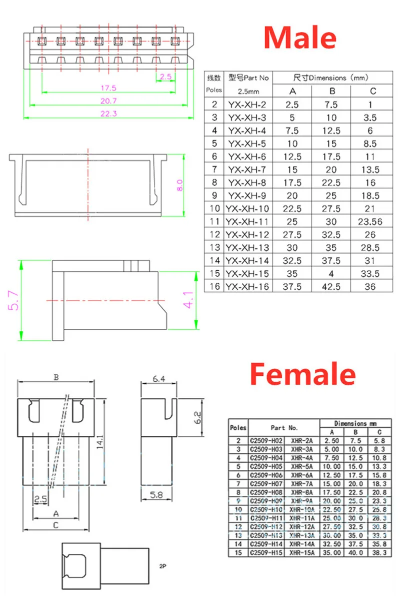 5Pair 2P 3 4Pin JST1.25mm PH 2.0mm XH 2.54mm SM2.5 JST Male Plug Female Jack Socket DIY Electrical Wire Terminal Cable Connector