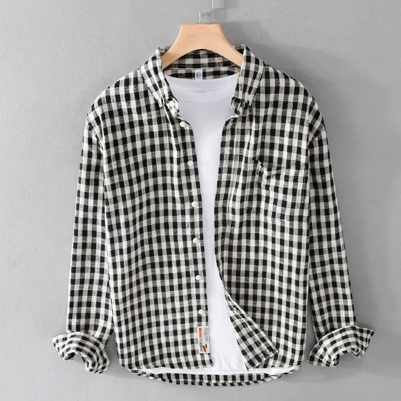 

Spring Autumn Plaid Shirt Men Fashion Casual Long Sleeve Mens Shirts Pure Cotton Loose Brushed Shirt Daily Simple Men's Clothing