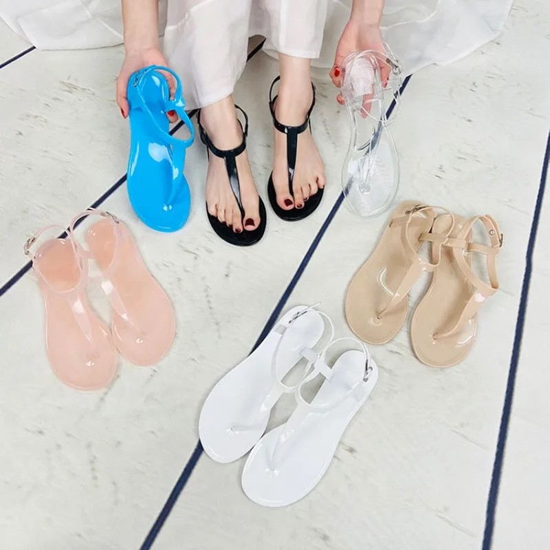 

Ladies Summer Transparent PVC Jelly Sandals for Women Summer Flat T-Strap Minimalist Flip-Flops Versatile Outdoor Beach Shoes