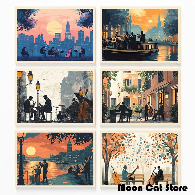 Abstrato Jazz Band Street Concert Cityscape Música Artwork Poster, Canvas Painting, Nordic Wall Pictures para Sala de estar, Home Decor
