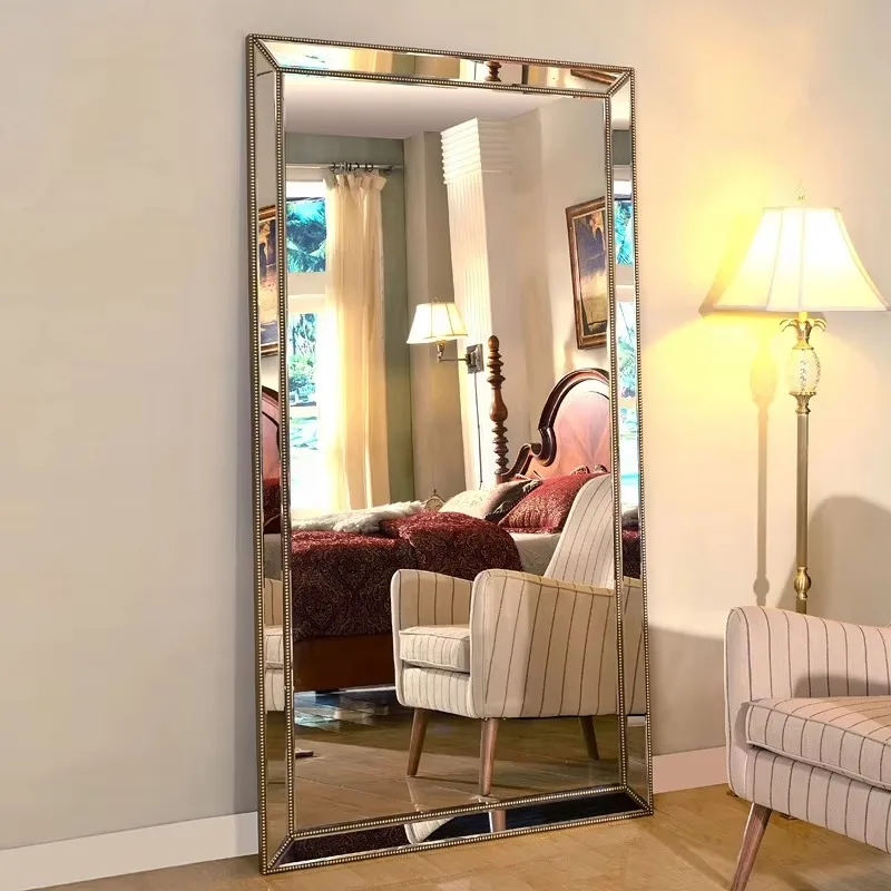 Wholesale Antique Gold Beaded Frame Full Length Floor Standing Mirror Large Rectangle Dressing Mirror for Bedroom LivingRoom