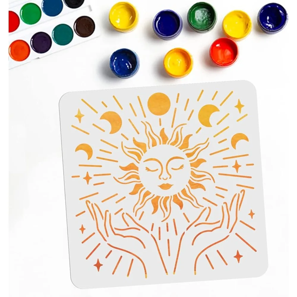 

Sun and Moon Stencils Moon Sun Stars Stencil 11.8"×11.8" Moon Phase Hands Reusable Plastic Stencils for Painting on Wood Canvas