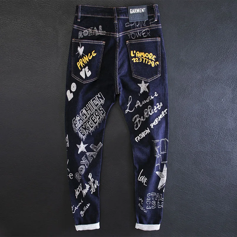 2023 Spring and Autumn New Fashion Printed Embroidery Elastic Small Foot Pants Men Casual Slim Comfortable High Quality Jeans