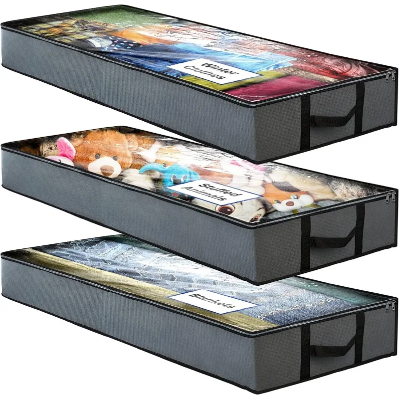 

Underbed Storage Bag, 3 Large Bins with Reinforced Handles Foldable Containers