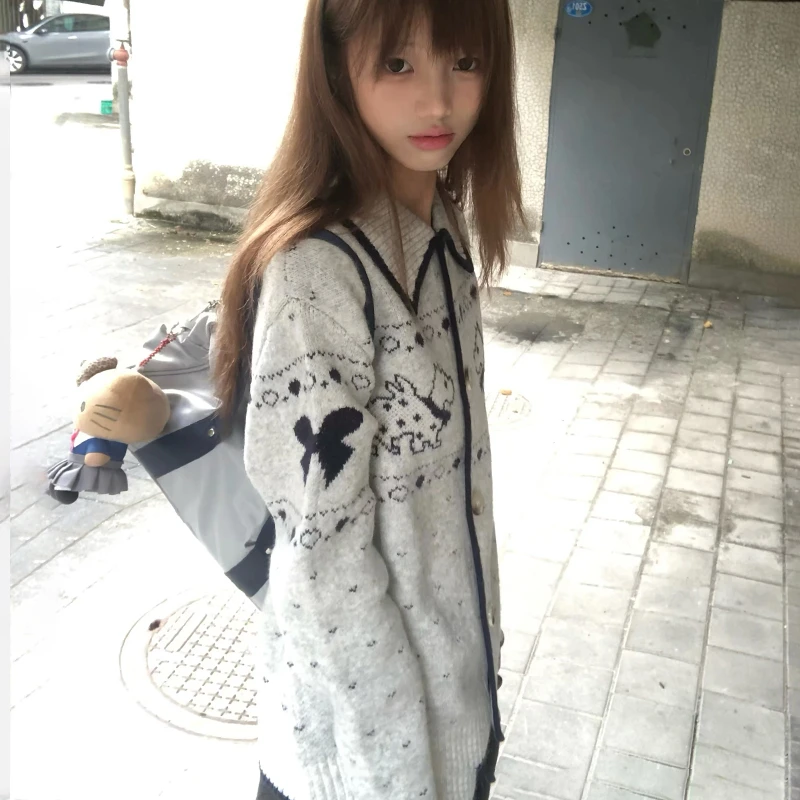 Japanese Y2k Puppy Embroidered Cardigan 2000s Style Turn-down Collar Knitted Outerwears Vintage Harajuku Knitwear Korean
