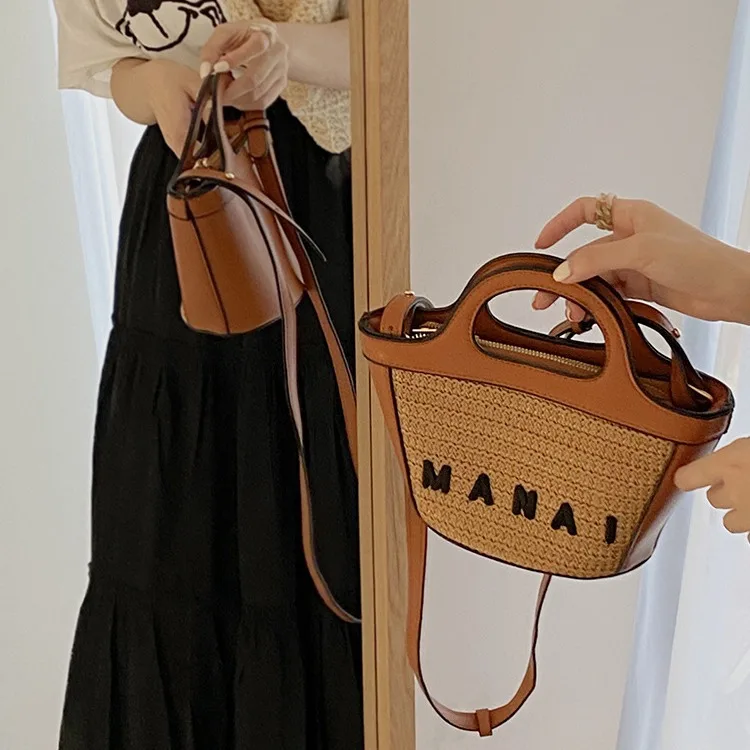 Luxury Straw Basket Bag Women Handbags Splicing Letter Shoulder Crossbody Bag Bohemian Rattan Bags for Women 2024 Designer Bags