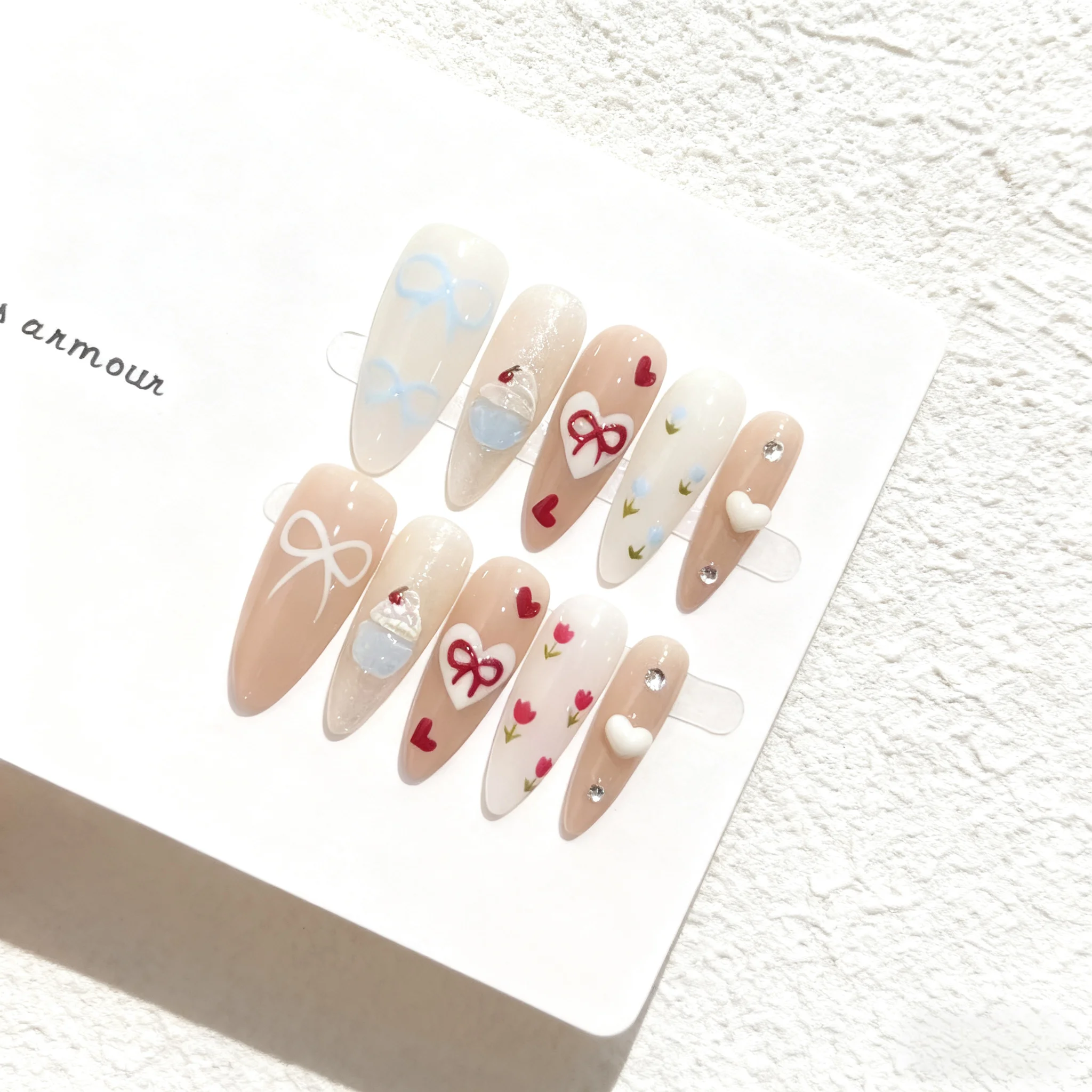 

Kawaii Sweet Wearable Накладные ногти 10 шт. Ручная работа 3D Love Heart Press On Nails Tips Art с бантом Цветы Дизайн Накладные ногти