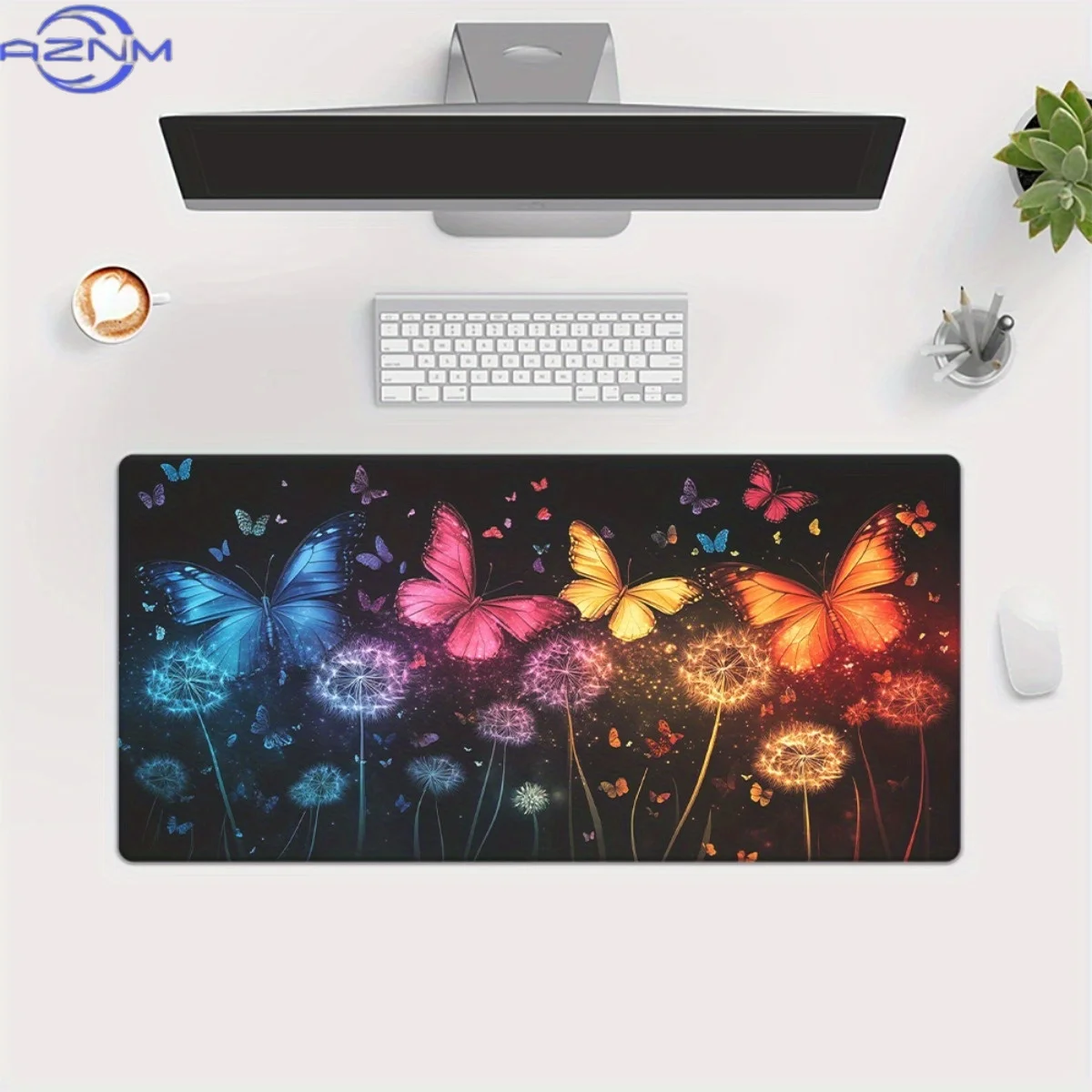 1pc XXL Gaming Desk Mat with Colorful Butterfly & Dandelion Design, Non-Slip Surface & Wrist Rest - HD Printed Mouse Pad for PC