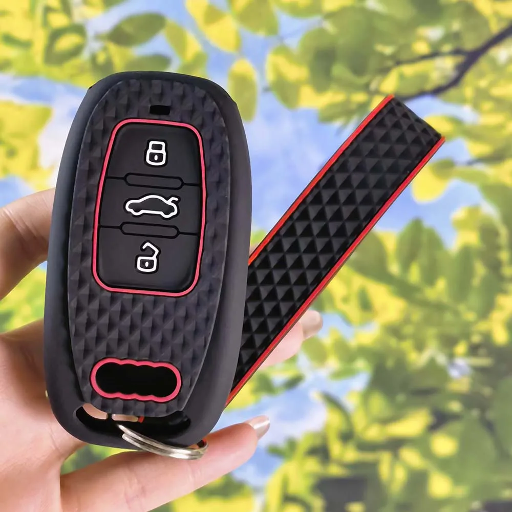Matte Red Outline Grain Key Shell With Keychain For Audi A1 A3 A4 B9 A5 A6 C5 C7 Q5 Q7 Vehicle Interior Decor Accessory
