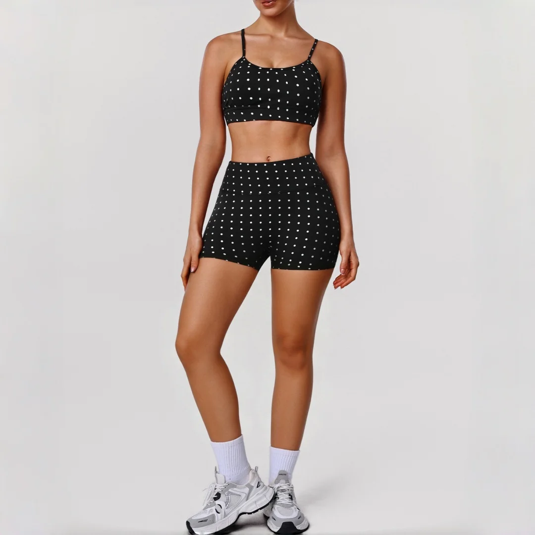 New Women's Yoga Set Peach Hip Silver Polka Dot Gather Bra  Sports Shorts Yoga Set Pilates Running Workout Gym Yoga Fitness Suit