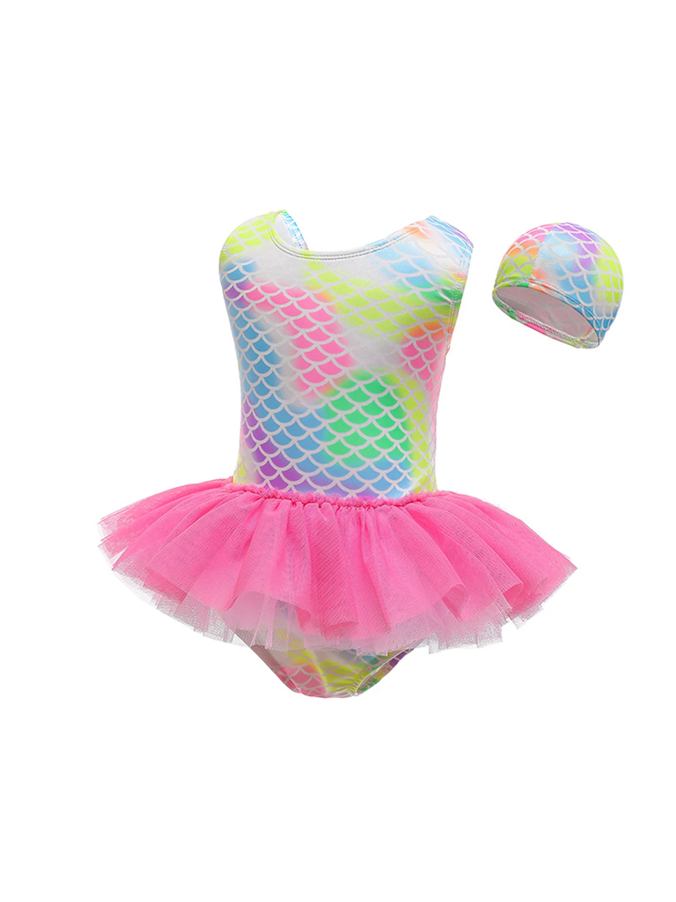 Eendelig badpak met visschaalprint voor meisjes, gratis hoed en mesh rok voor zomerzwemmen en strandvakantie