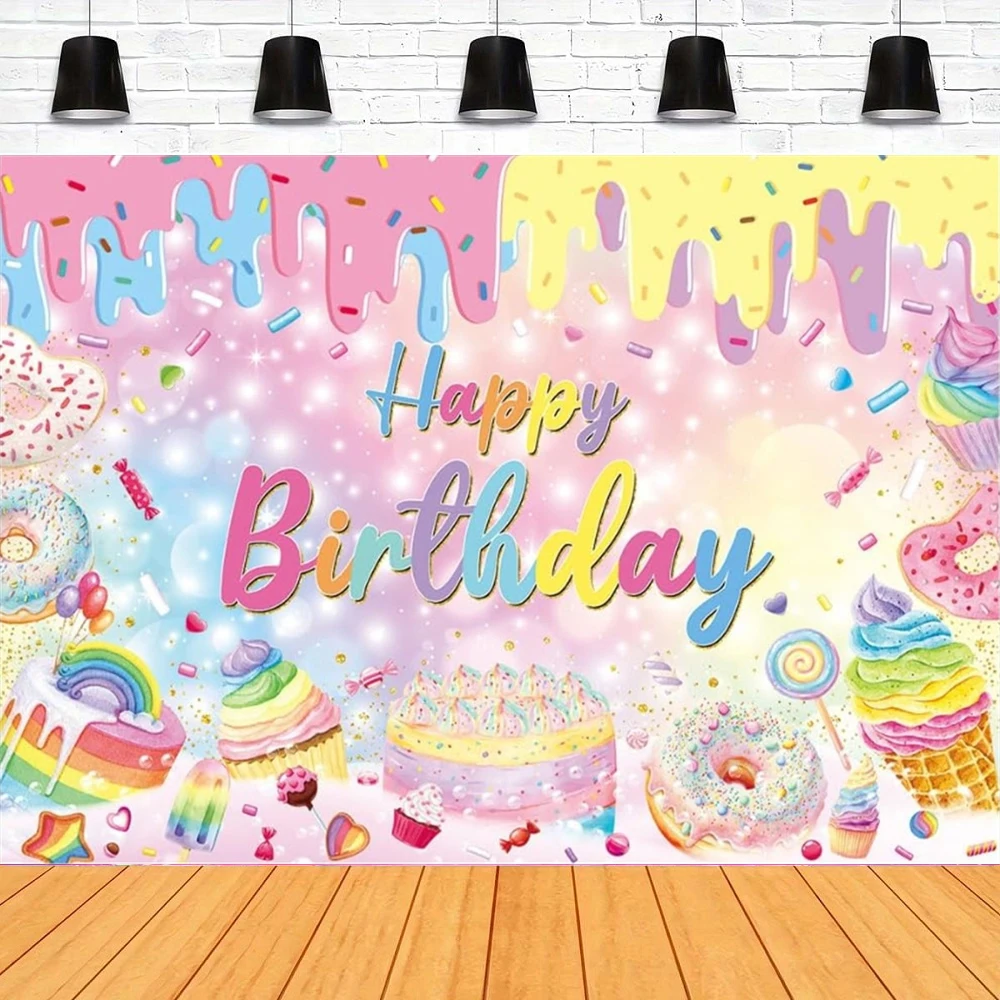 Photography Backdrop Candy Ice Cream Donut Party Background for Colorful Girls Sweet One Happy Birthday Cake Table Decor Banner