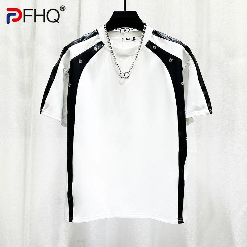 

PFHQ Men's Leather Patchwork T-shirt Handsom Casual Contrast Color Outdoor Summer Male Cool Short Sleeved Simple Tops 21Z4599